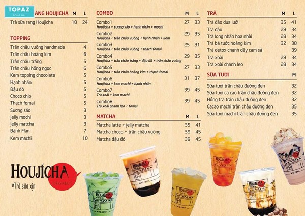 Menu của quán trà sữa Houjicha Đồng Khởi