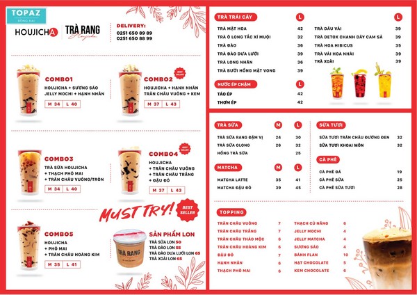 Menu của quán trà sữa Houjicha Đồng Khởi