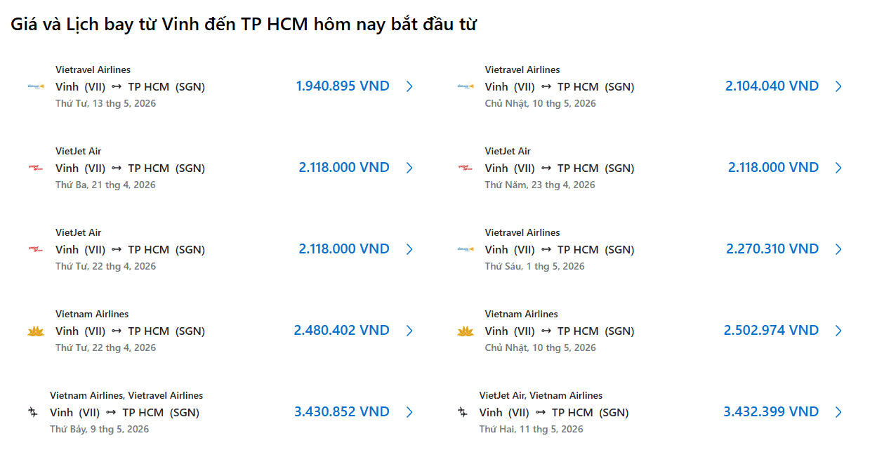 Giá vé từ Vinh Sài Gòn